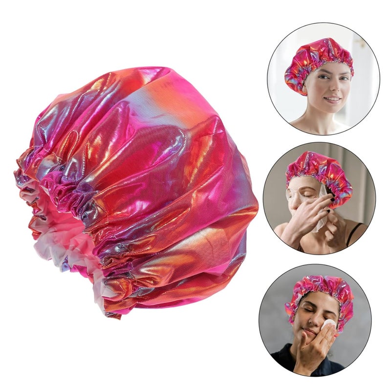 Double Layer Shower Cap for Long Hair Reusable Bathing Hat with Elastic Band Rainbow Light Color - Image 4